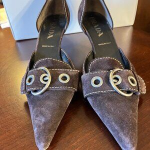 Prada Suede Brown Pumps with Silver Buckle Size 37